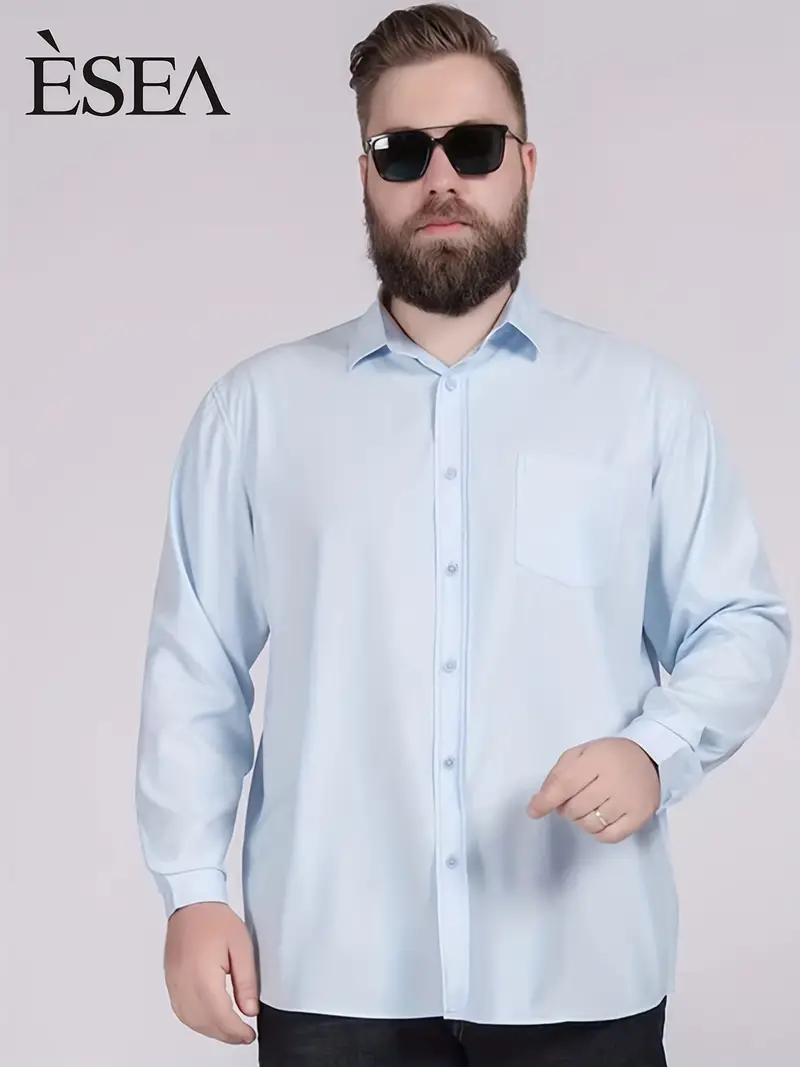 mens plus size solid color button down business shirt mens top with pockets square neck fit work dating light blue 0