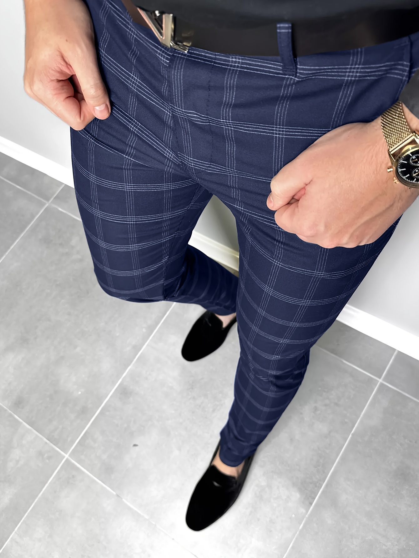 Mens Slim Plaid Checkered Pants Stretch Casual Work Pants Trousers