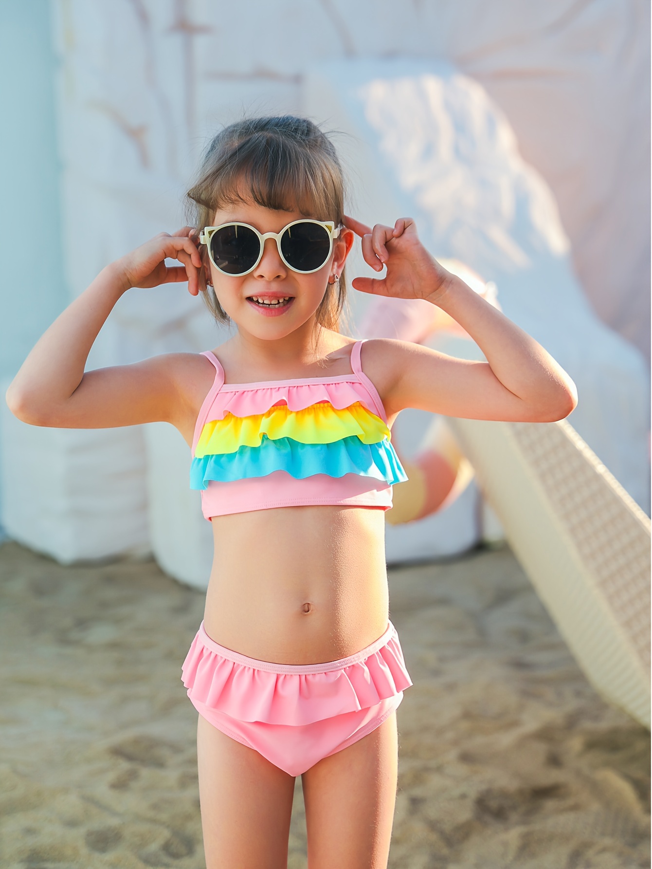 Sweet Girls 2pcs Bikini Swimsuit Sets Rainbow Ruffle Trim, 49% OFF