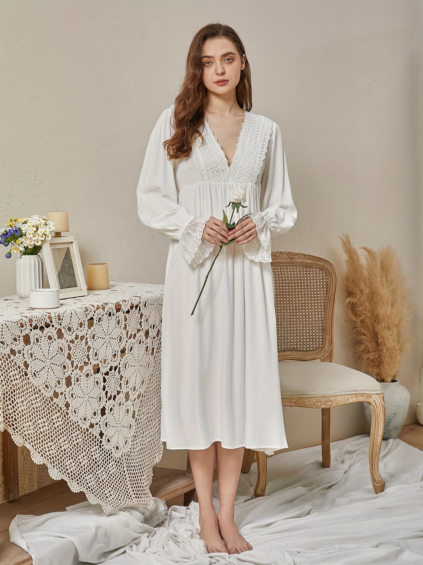 Plus Size Sexy Nightgown, Women's Plus Contrast Lace Trim Long Sleeve Semi  Sheer Loungewear Robe