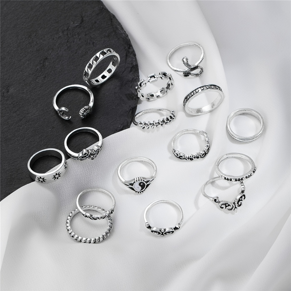 16pc Vintage Stackable Sun Moon Snake Leaf Ring Set