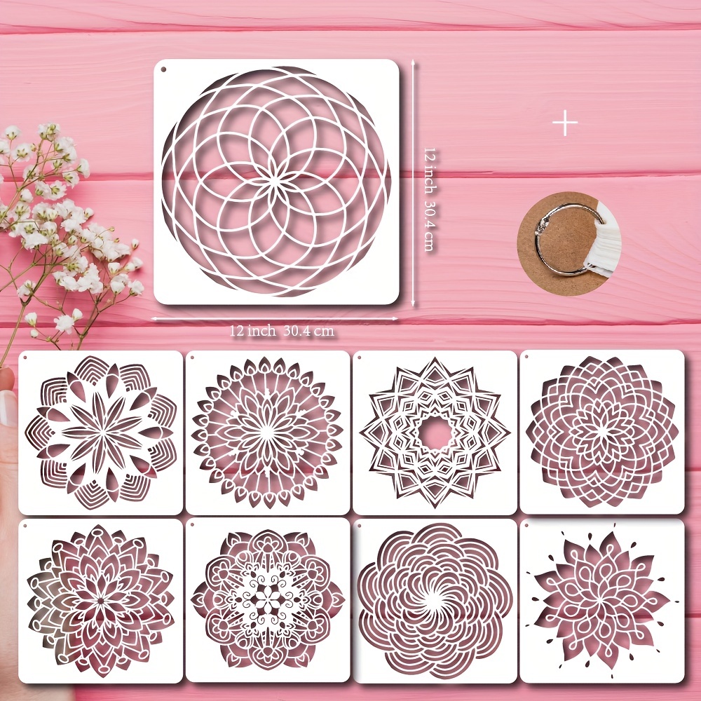 9pcs Big Mandala Stencils, 30.48 Cm Reusable Decorative Floral Stencil With  Metal Ring, Mandala Drawing Template For Painting On Fabric Glass Canvas W