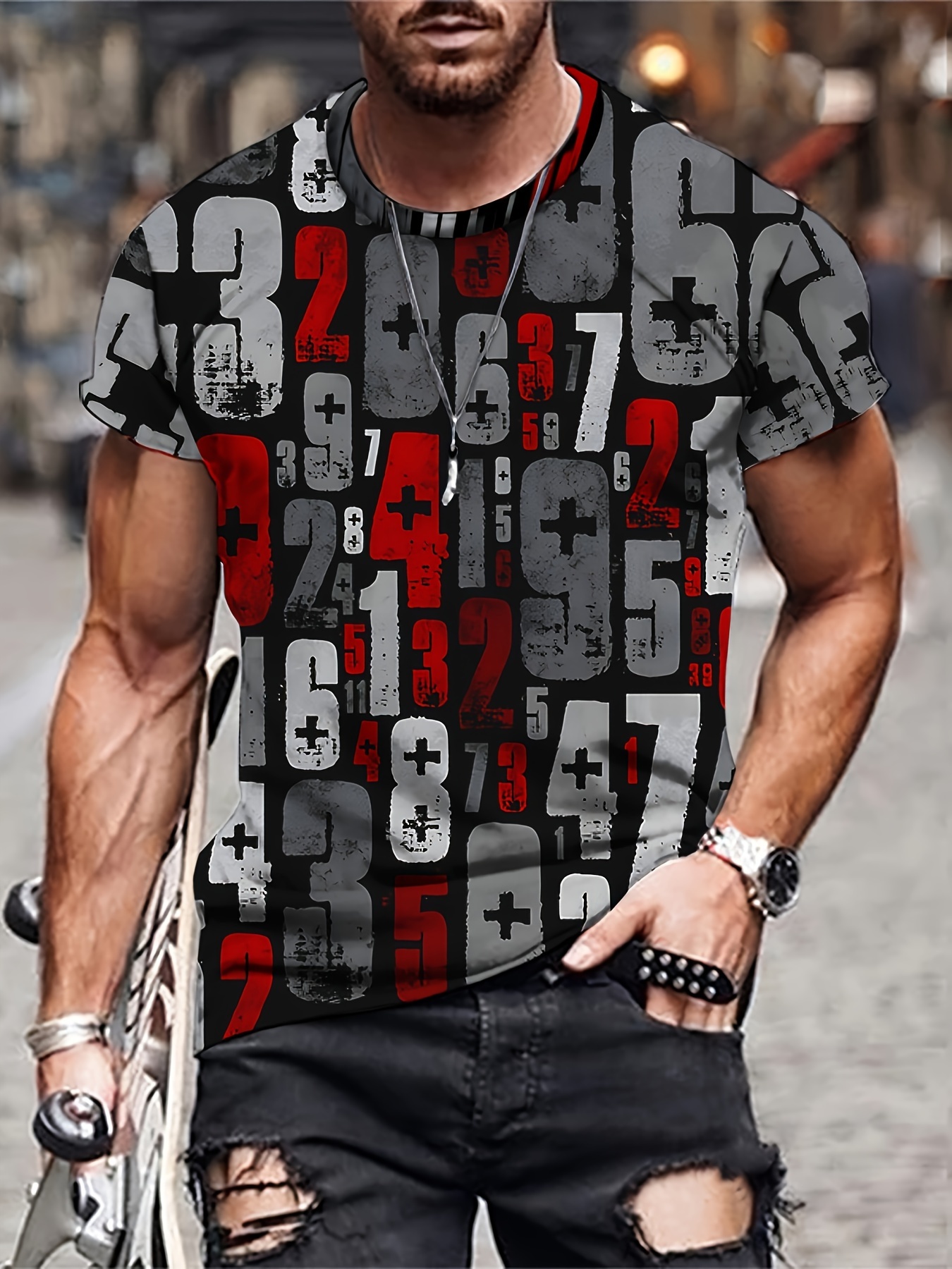 Patrón Números Impresión Camiseta Cómoda Manga Corta Hombre - Temu