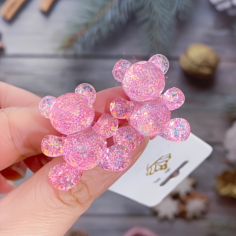 TEMU 2pcs Sparkly Bear Band Hair Accessories - Cute Cartoon Sequin Scrunchies With Resin Glitter, Large Hair Ties For Girls Teens Women, Non- Fabric Hair Bands For Parties, Casual Attire & Gifts