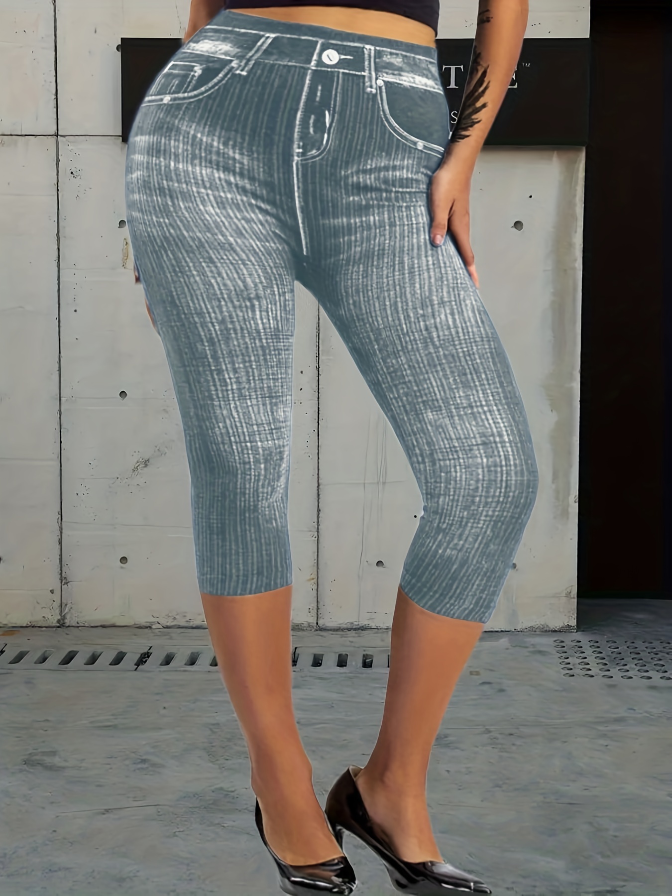 Plus Size Casual Capri Pants Women's Plus Denim effect print - Temu Canada