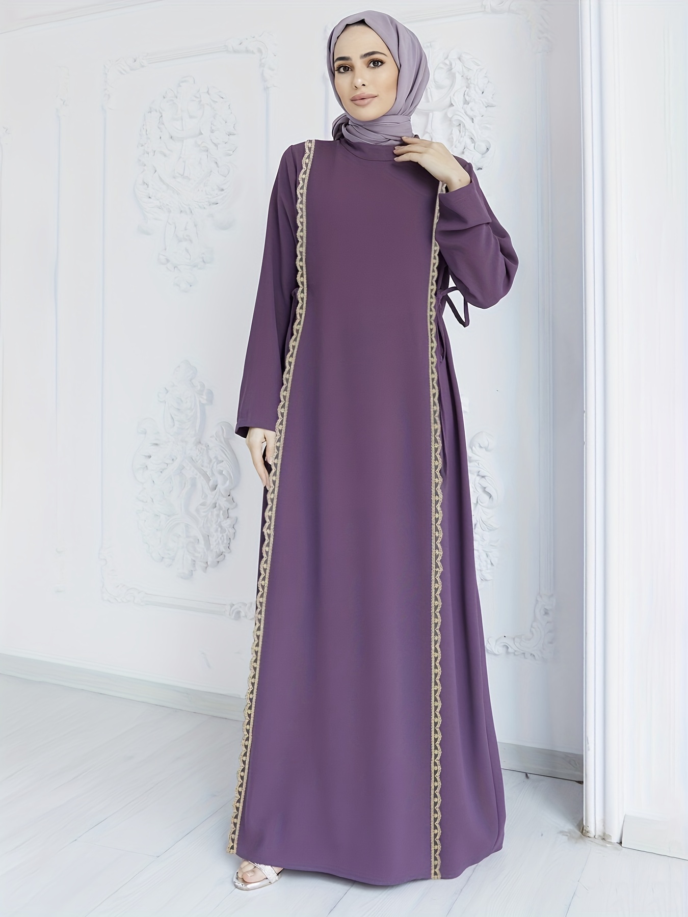 Ramadan Lace Trim Kaftan Dress Casual Long Sleeve Solid - Temu