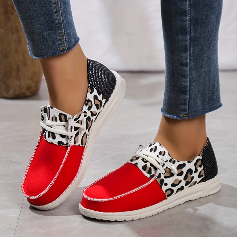 Women's Stitching Leopard Print Flat Sneakers, Lightweight Red Round Toe  Lace Up Walking Loafers, Casual Low Top Shoes