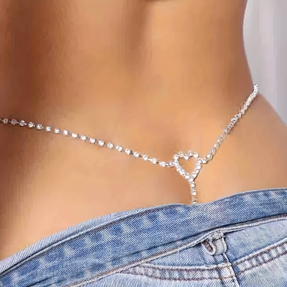 Rhinestone Heart Waist Body Chain Jewelry Heart Crystal Thong Panties G  String Brief Rhinestone Thong Bikini Crystal Waist Belly Chain for Women  (Silv