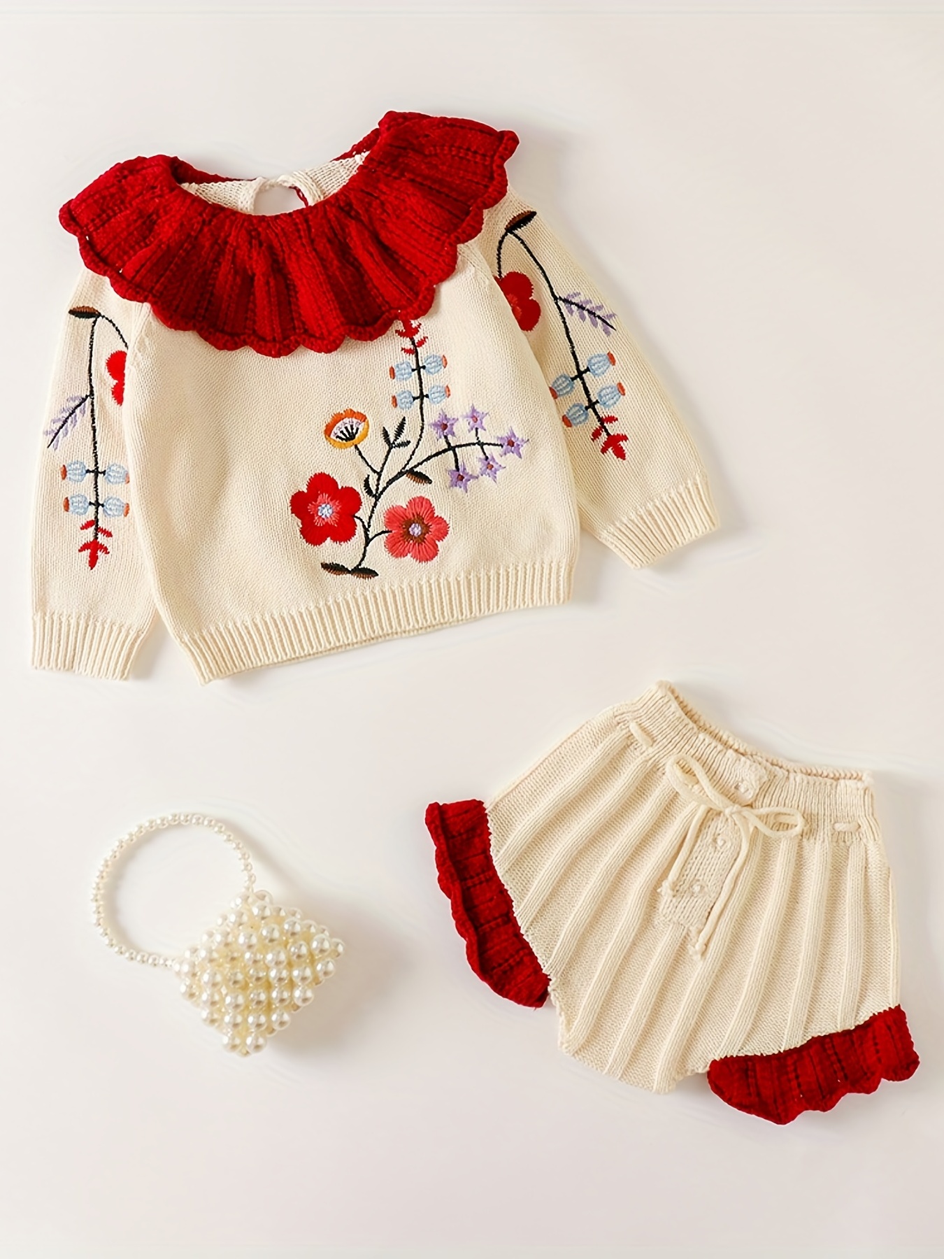 baby knitted set floral embroidered ruffle collar top ruffle trim pants apricot 0