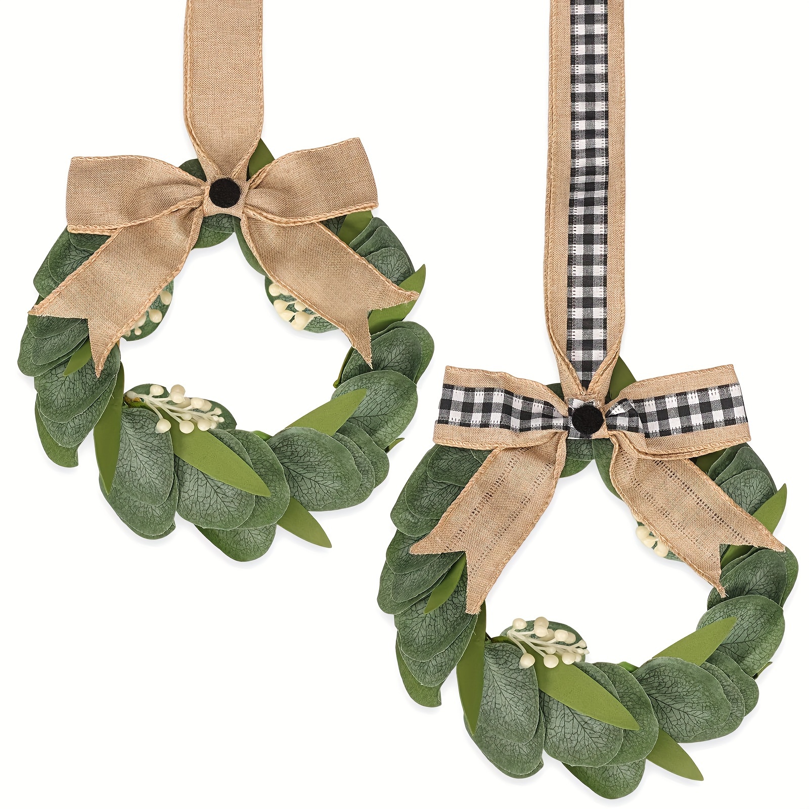  2 Pcs 13.7 Inch Eucalyptus Wreath Small Greenery Wreath Faux  Kitchen Cabinet Wreaths for Front Door Farmhouse Wall Decor(Plaid Bow  Style) : Home & Kitchen