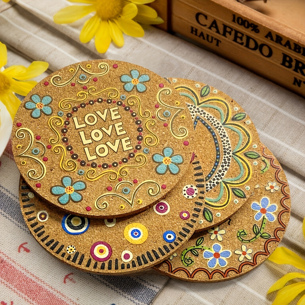 24 Pcs Thick Flower Coasters Cork Coasters for Drinks 4 Inch Absorbent  Reusable Coaster Farmhouse Rustic Wood Drink Coasters for Coffee Wine Mug  Desk