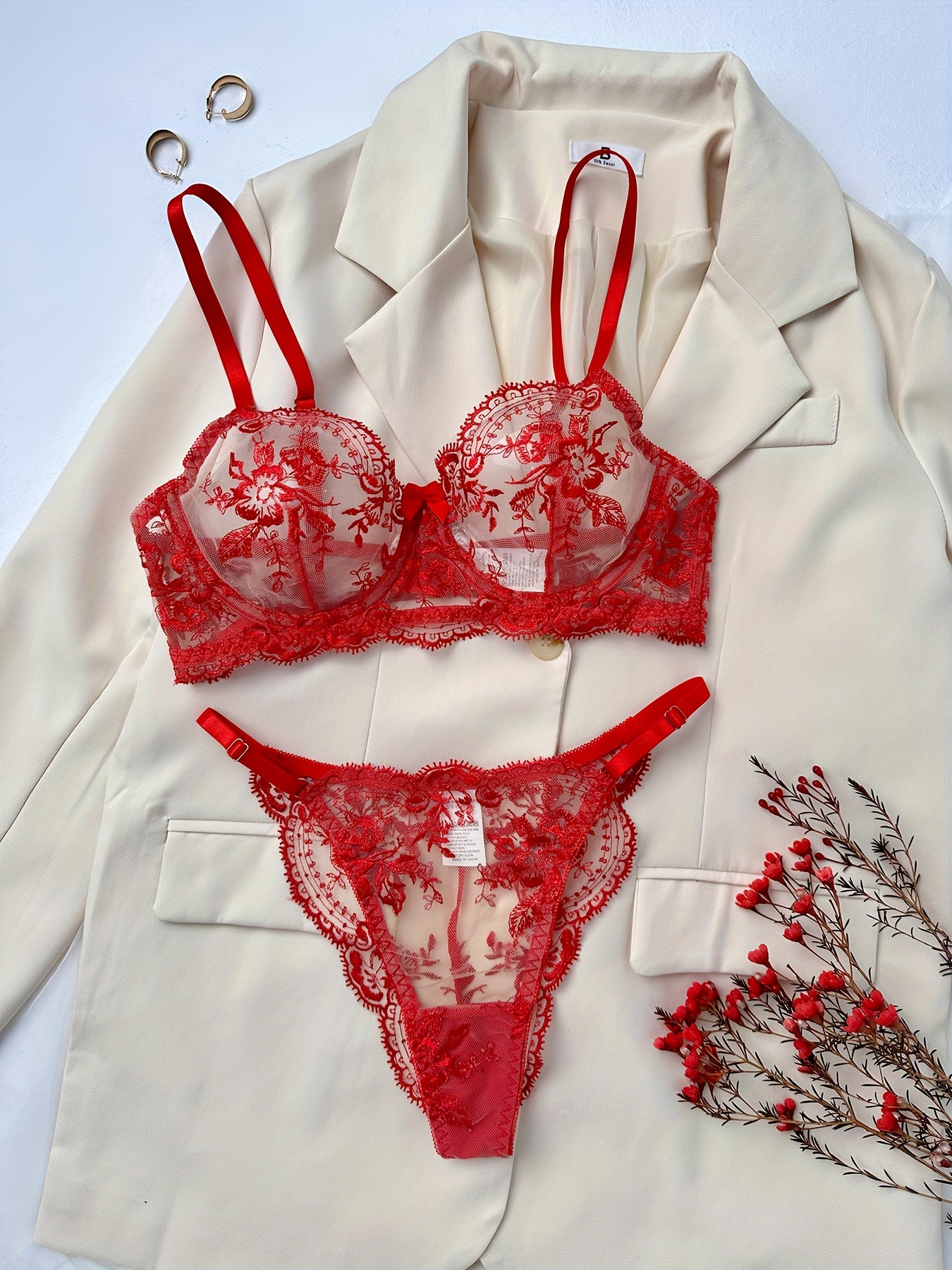 Floral Embroidery Bow Semi Sheer Lingerie Set Intimates Bra - Temu