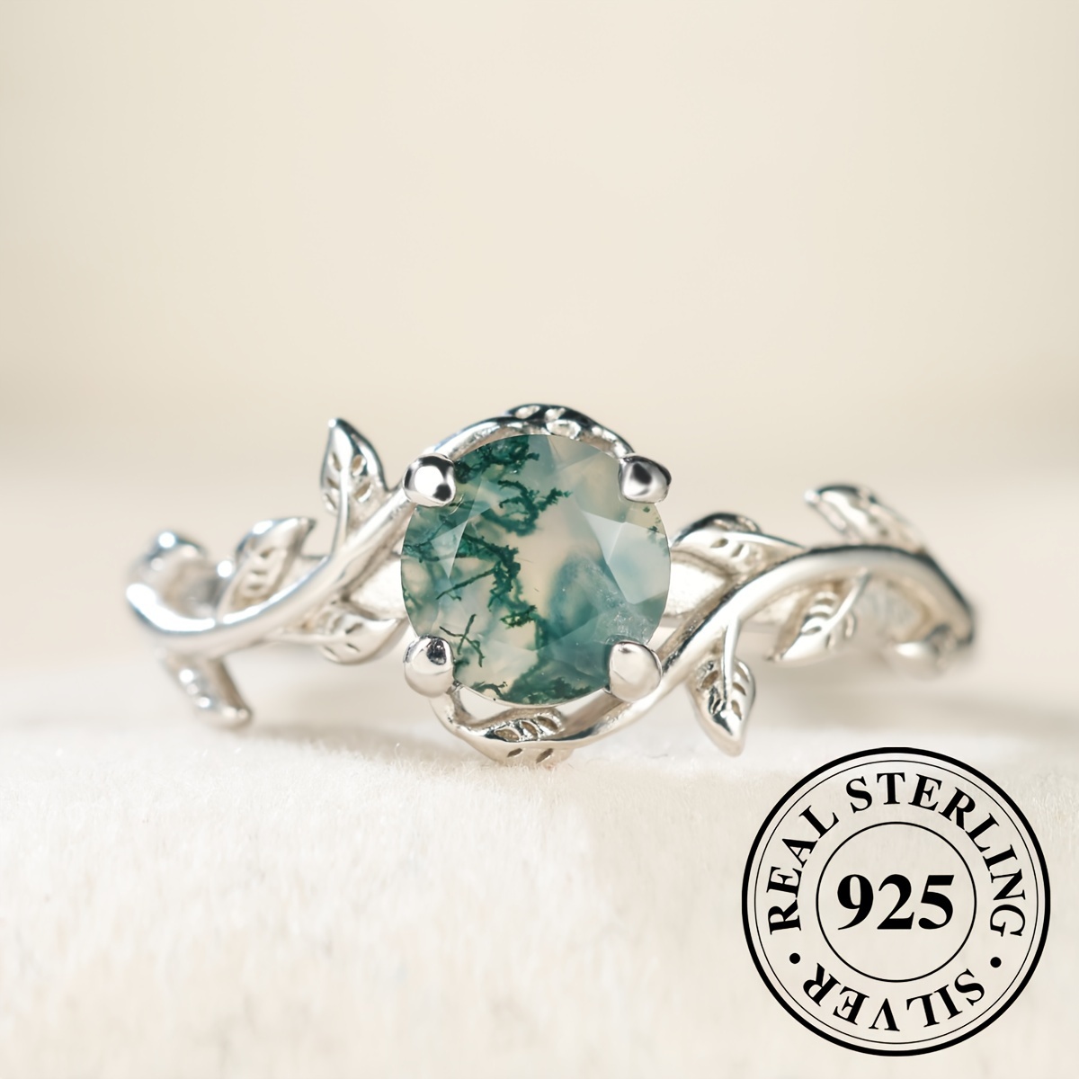

925 Sterling Silver Exquisite Leaf Band Ring Green Round Agate Niche Unique Elegant Wedding Ring