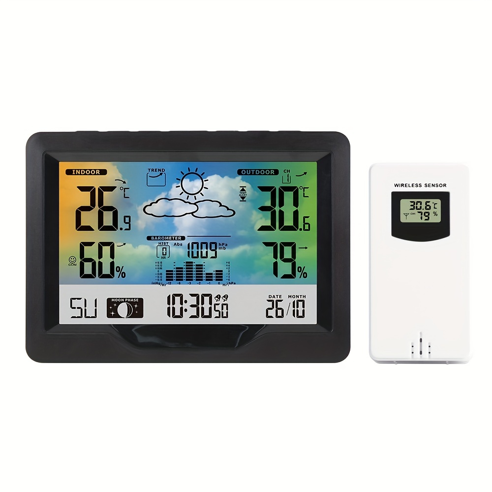 Weather Station W/ 3 Indoor/Outdoor Wireless Sensors Digital Thermometer  Hygrometer Black LED LCD Display Temperature & Humidity