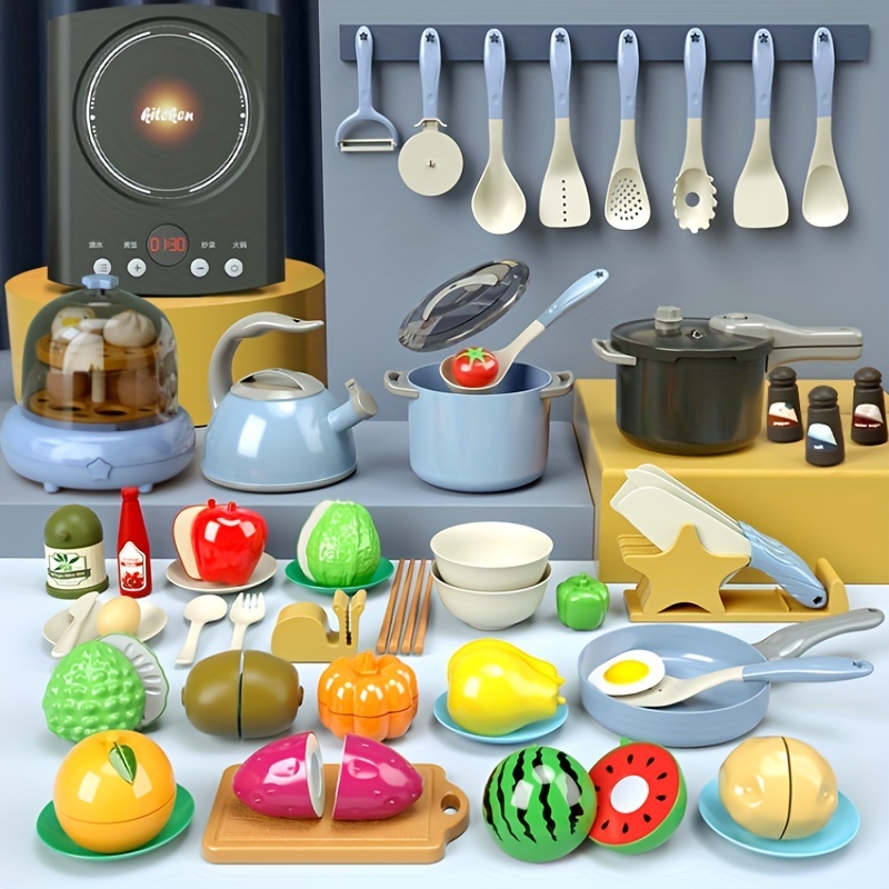  TEMI Juguetes de cocina de comida de simulación para niños de 4  a 8 años, juego de cocina para niños pequeños de 1 a 3 años, accesorios de  cocina con luz