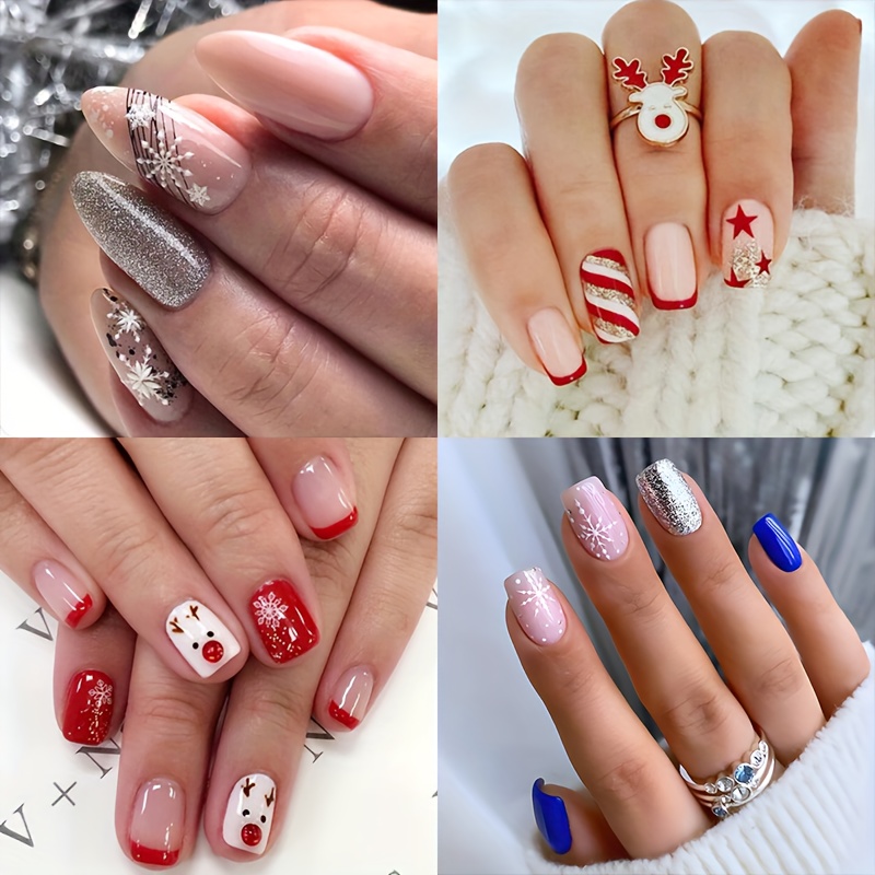 Christmas Nails Red And White French Tip Snowflake Striped - Temu