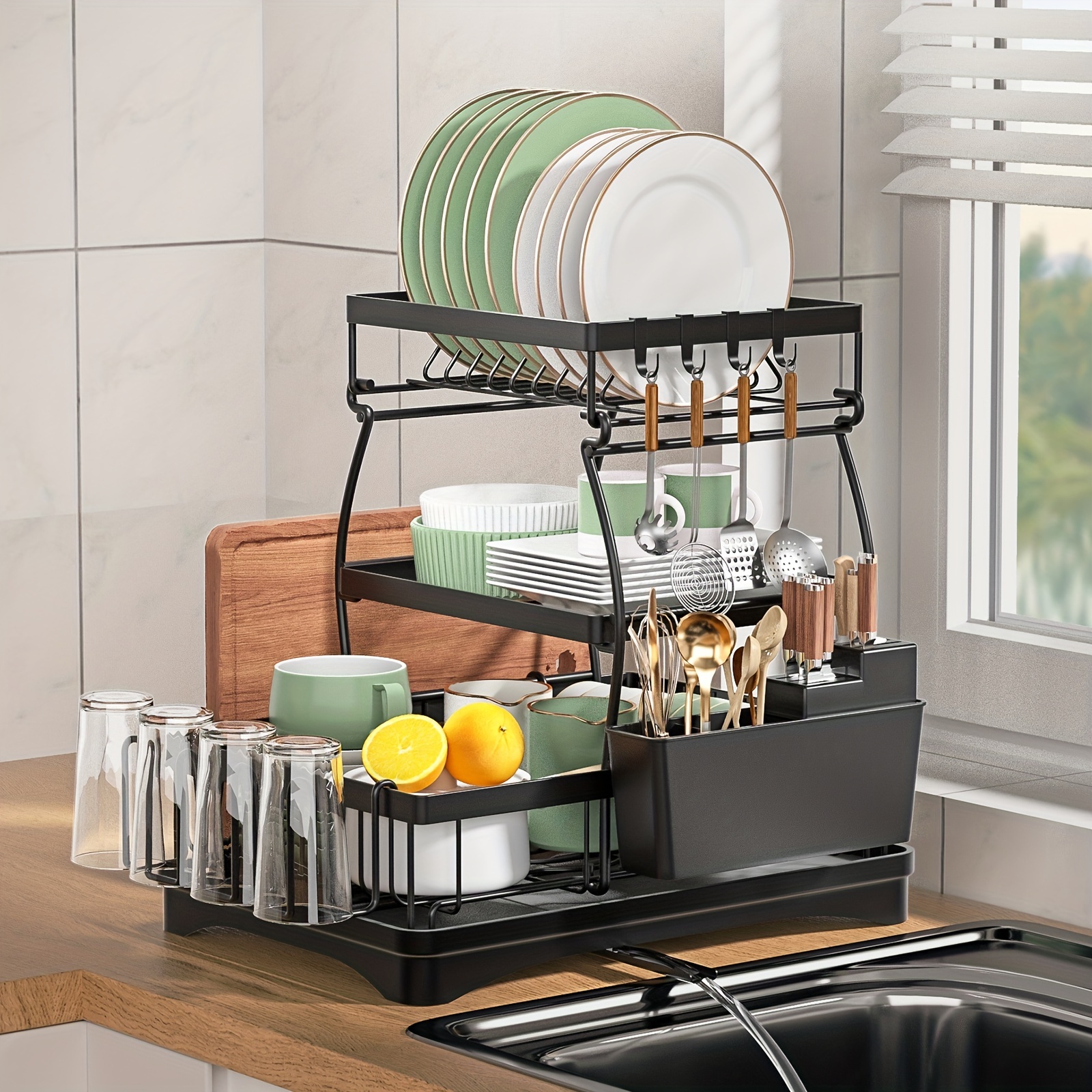 1pc Dish Drying Rack, 3-Tier Large Dish Bowl Racks For Kitchen Countertop,  Detachable Large Capacity Dish Drainer Organizer With Utensil Holder, Cup H