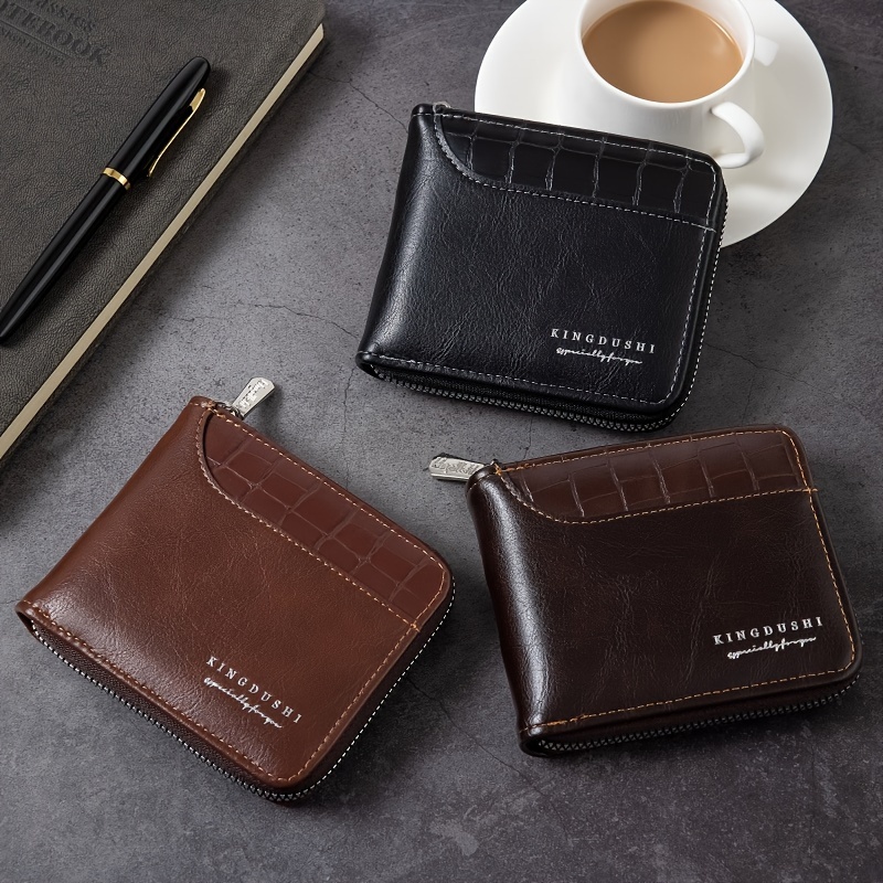 1pc Mens Zipper Pu Leather Wallet Casual Business Zipper Bag Coin