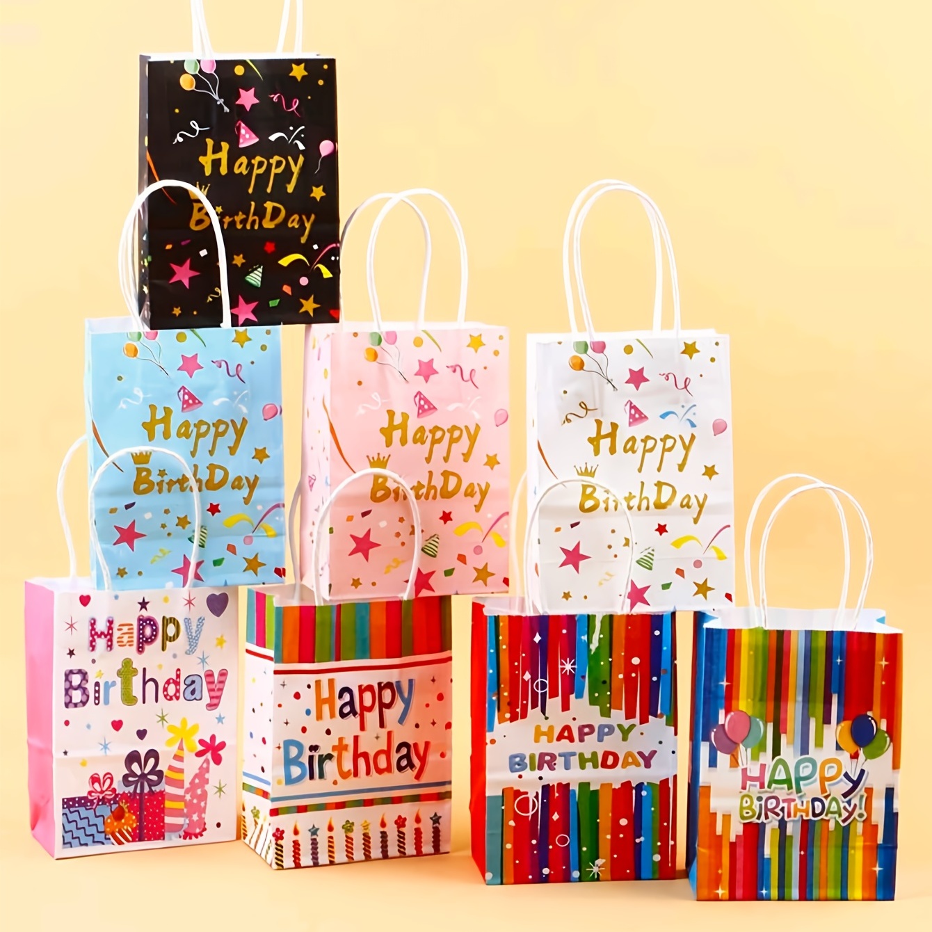 8 bolsas de regalo de papel Kraft de feliz cumpleaños con asas, 8,3*5,9*3,1  pulgadas/21*15*8cm, bolsas de regalos, bolsas de regalos