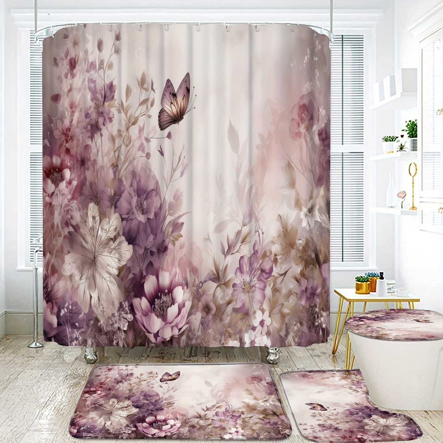 

4pcs Pink Floral Pattern Shower Curtain Set, Waterproof Bath Partition Curtain With Hooks, U-shaped Mat, Toilet Cover Mat, L-shaped Mat, Bathroom Accessories, Home Bathroom Decorations