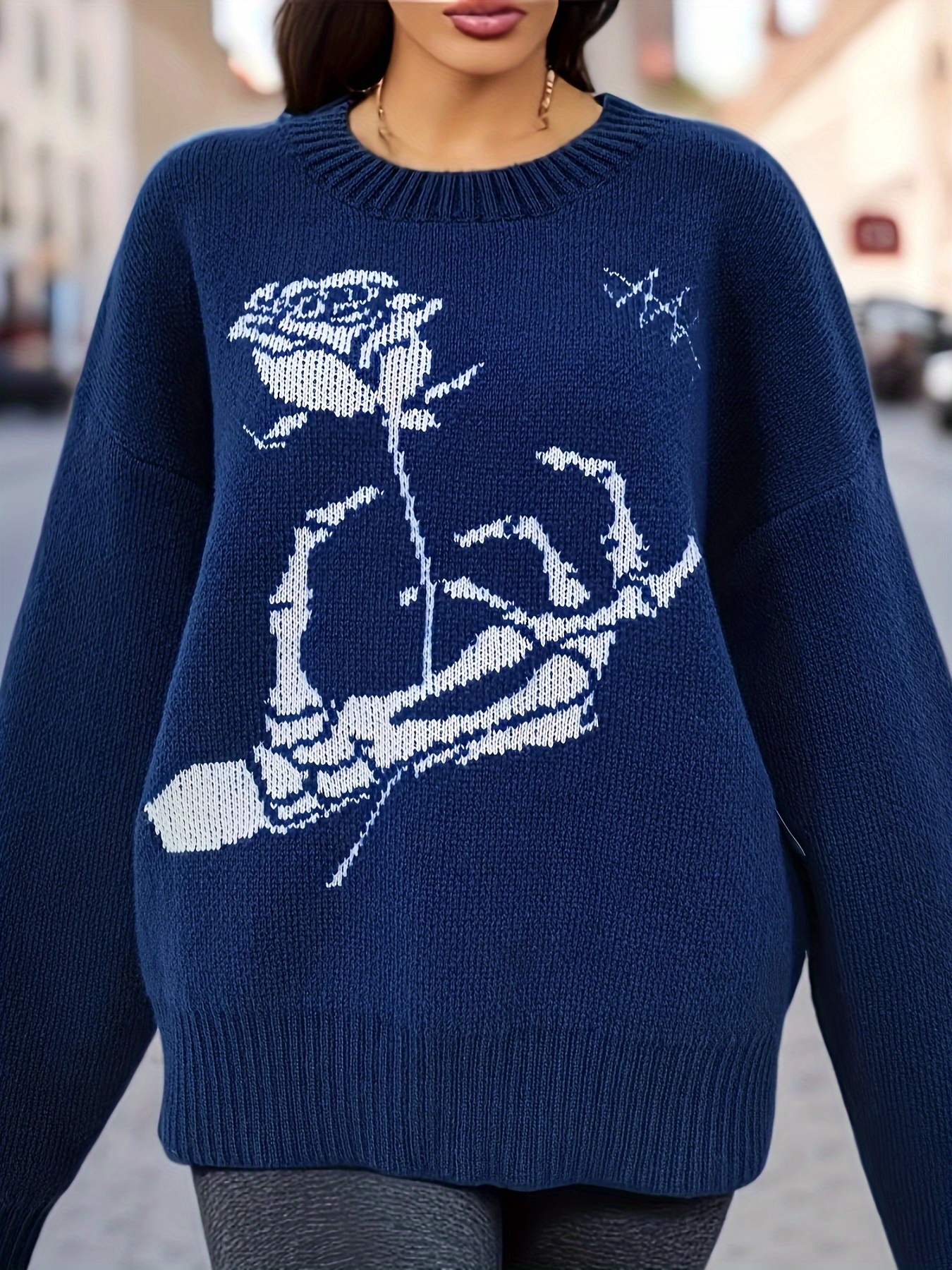 Womens Sweaters Skull Pattern Drop Shoulder Sweater Rose Skull