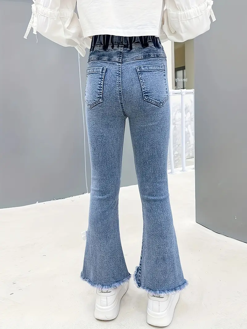 Kids Girls Casual Jeans Long Bell-Bottom Pants Lace Hem Denim Flared  Trousers