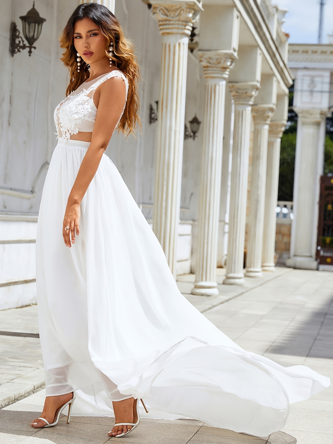 Lace Applique Mopping Wedding Dress Elegant Sleeveless Crew - Temu