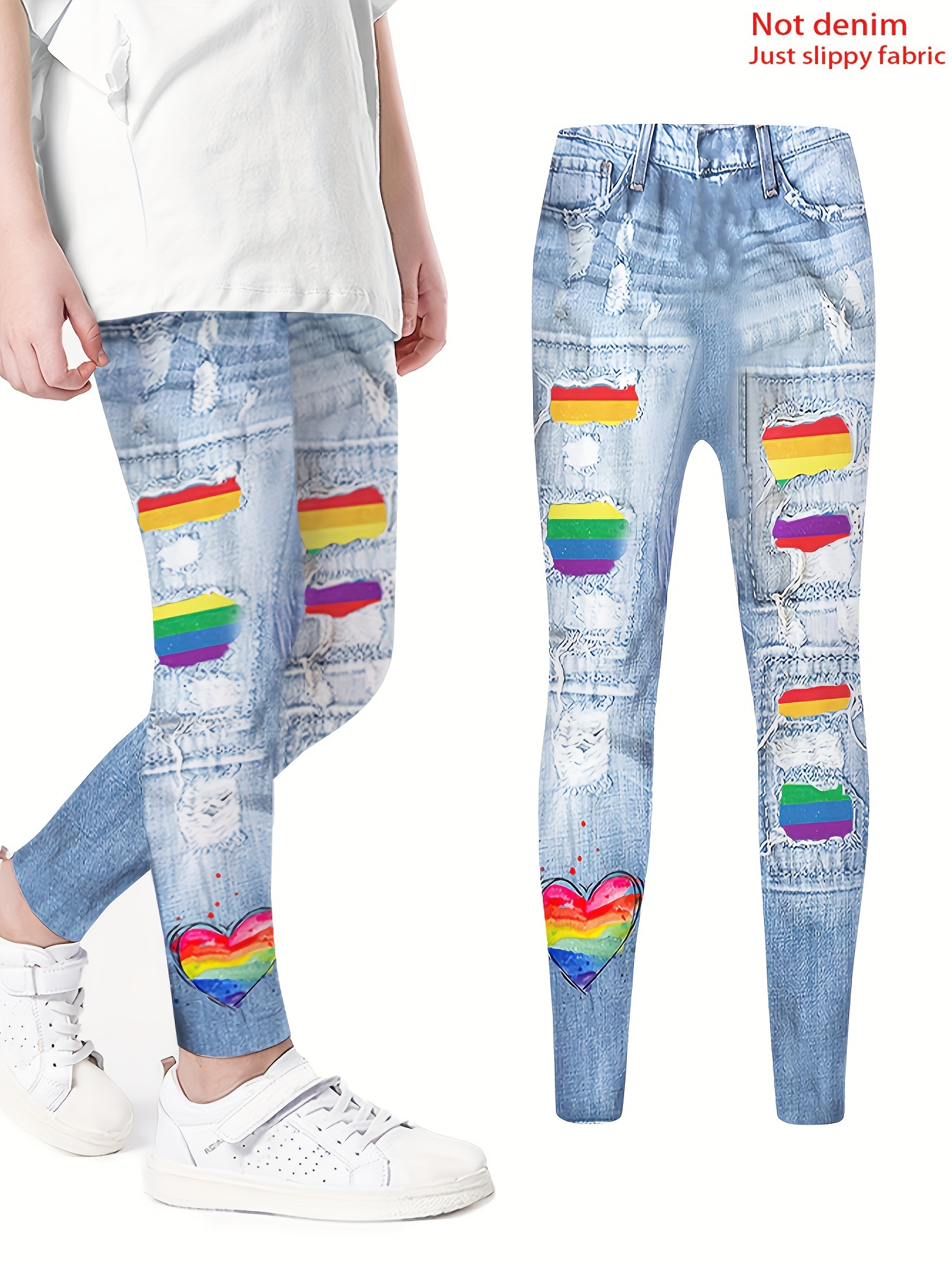 Ripped Rainbow Effect Faux Denim print Leggings, Girls Comfy & Breathable  Pants Kids Clothes Gift Halloween