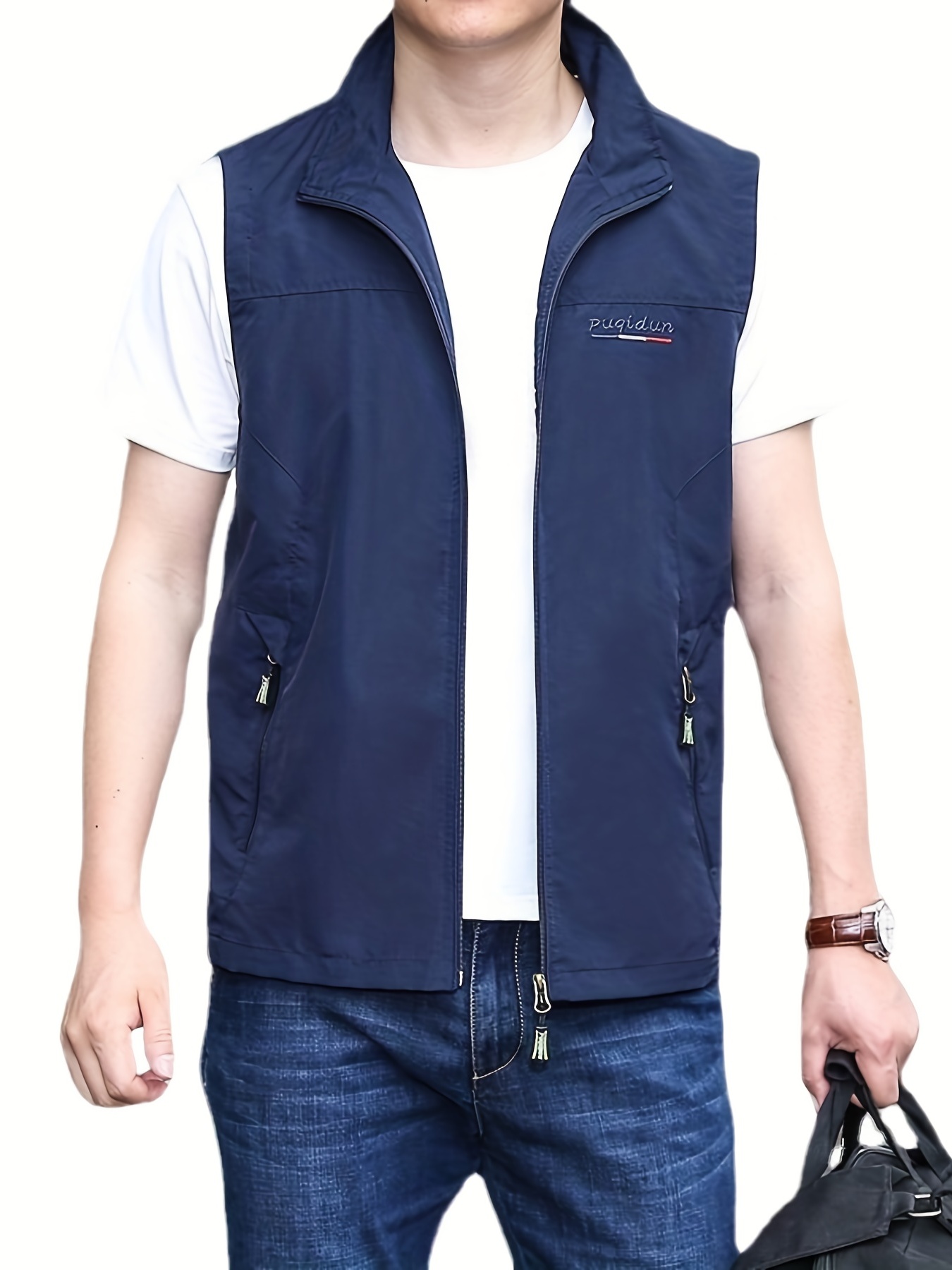 Classic Design Zipper Pockets Cargo Vest, Men's Casual Stand Collar Zip Up  Vest For Spring Summer Outdoor Fishing Photography