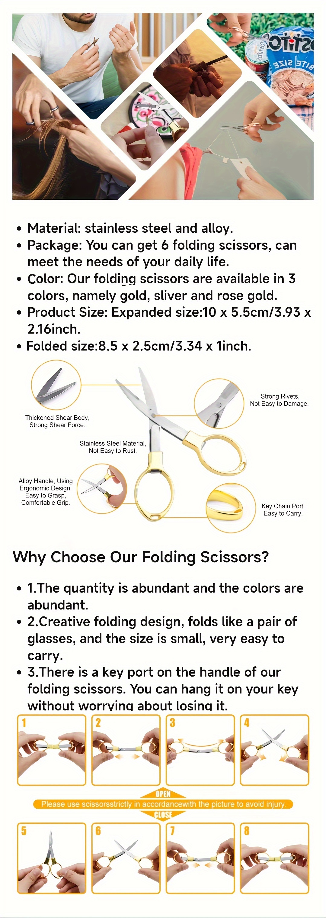 6PCS Folding Scissors, Portable Stainless Steel Travel Scissors