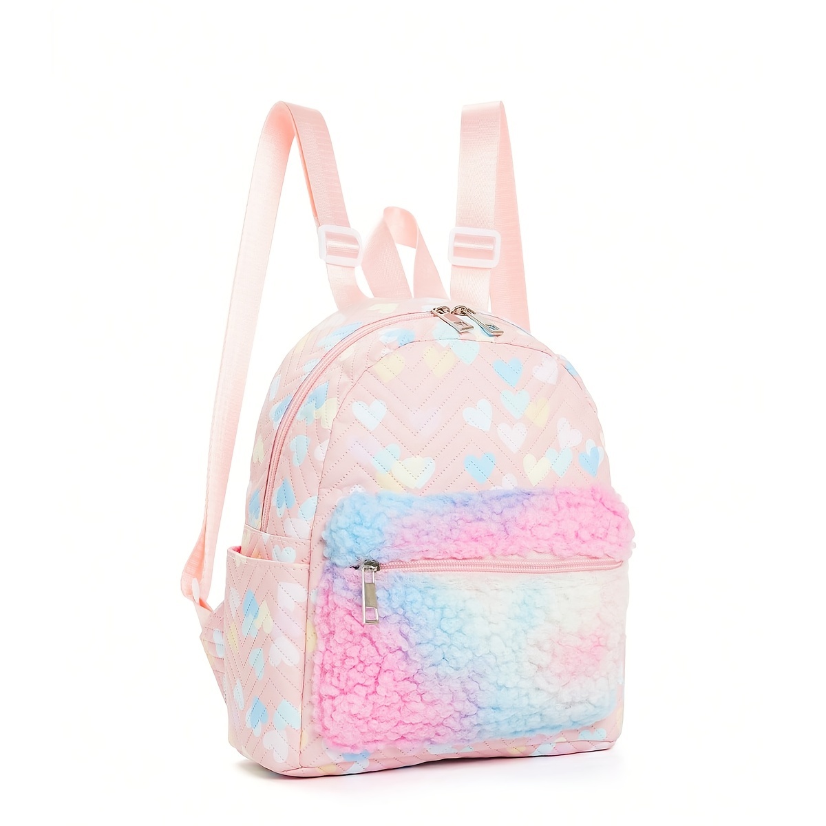 Girls Heart Pattern Plush Decor Backpack Large Capacity Pink Backpack