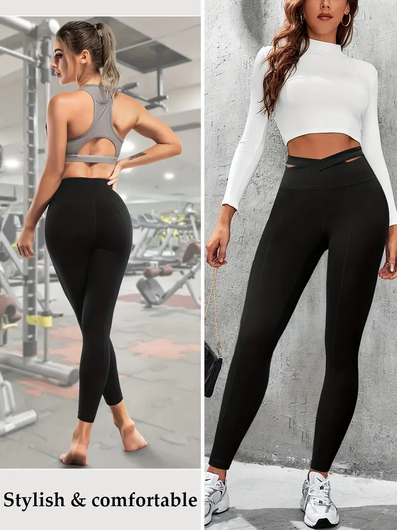 Women's Activewear: Black Cross Strap Front Yoga Leggings with High Waist  Tummy Control for Running & Training!