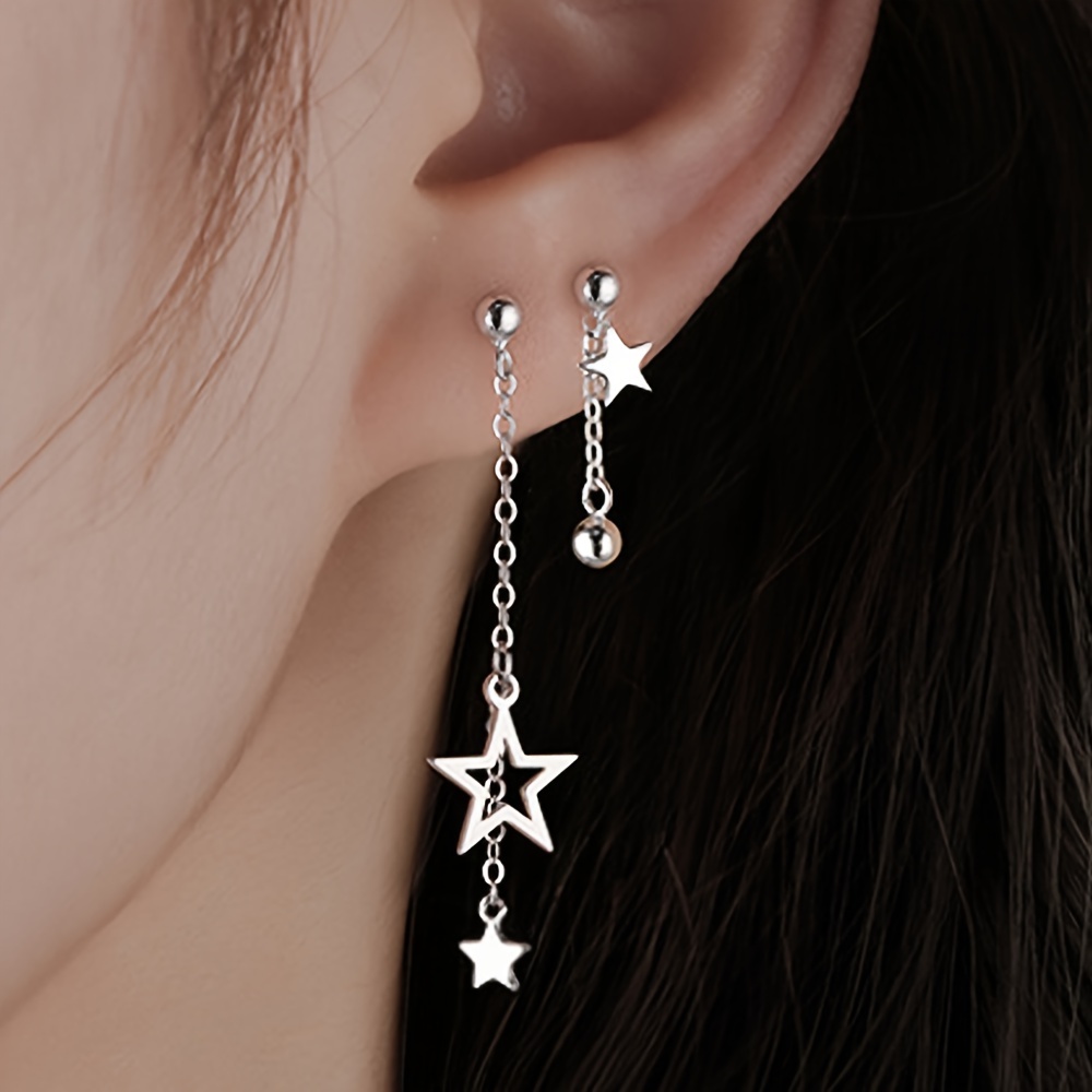 

1pair Star Pendant Chain Earrings Asymmetrical Earrings Pentagram Stud Earrings Hollow Star Earrings Asymmetrical Stainless Steel Star Chain Pendant Dainty Jewelry For Eid, Ramadan