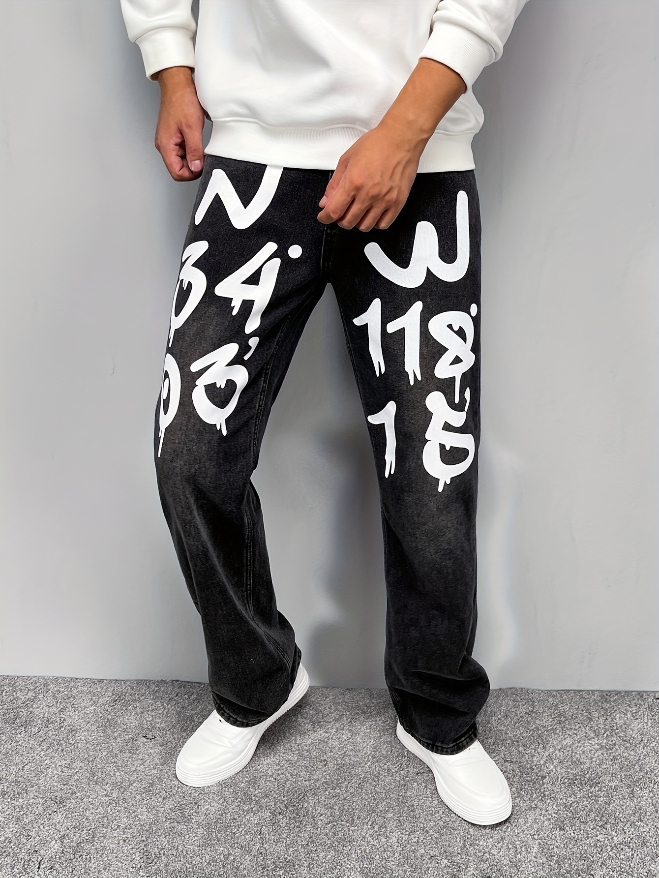 White Skeleton Letter Print Straight Jeans Loose Fit Street - Temu