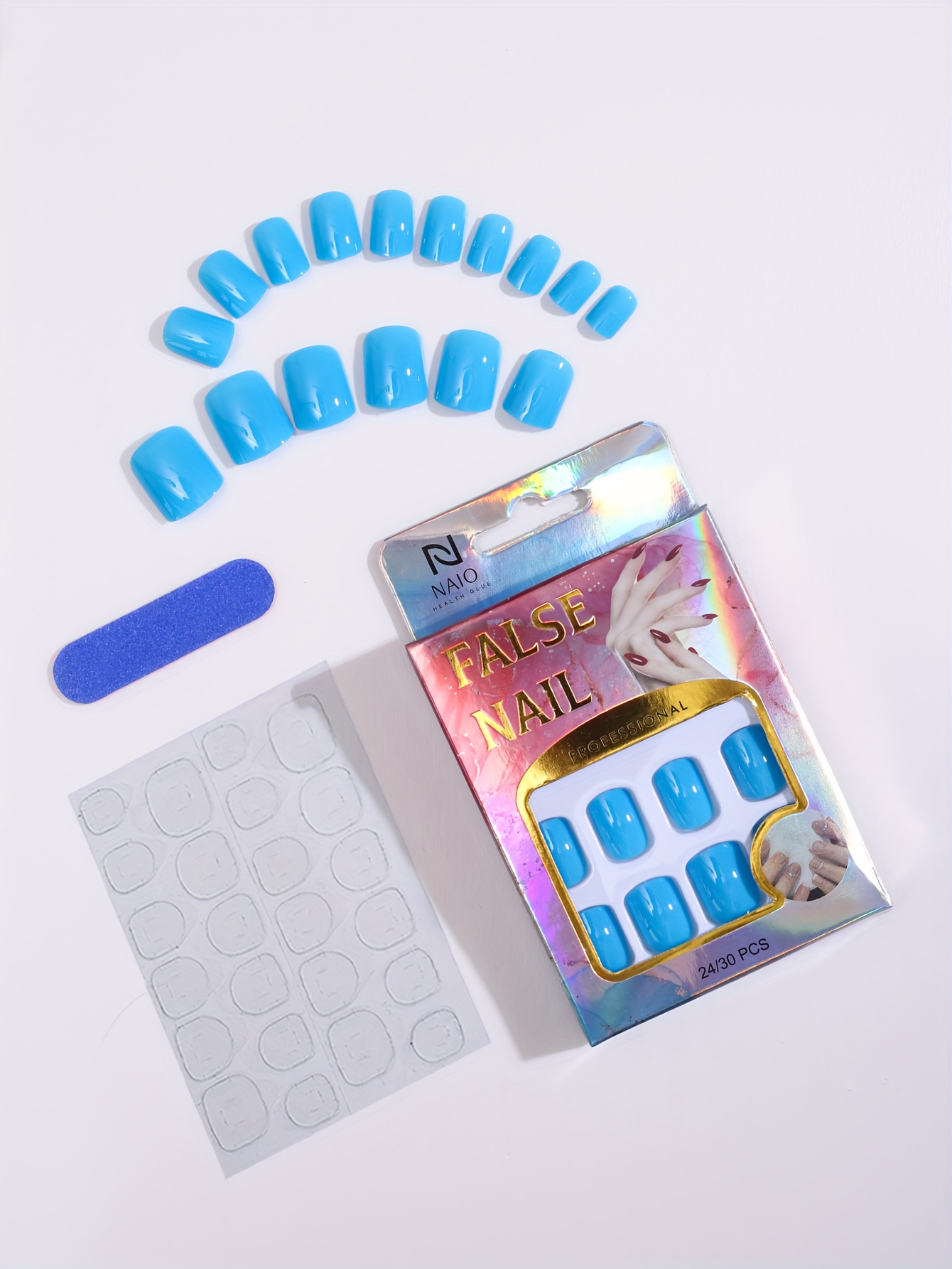 24pcs glossy short square fake nails sweet cool baby blue press on nails solid color false nails for women girls daily wear details 1