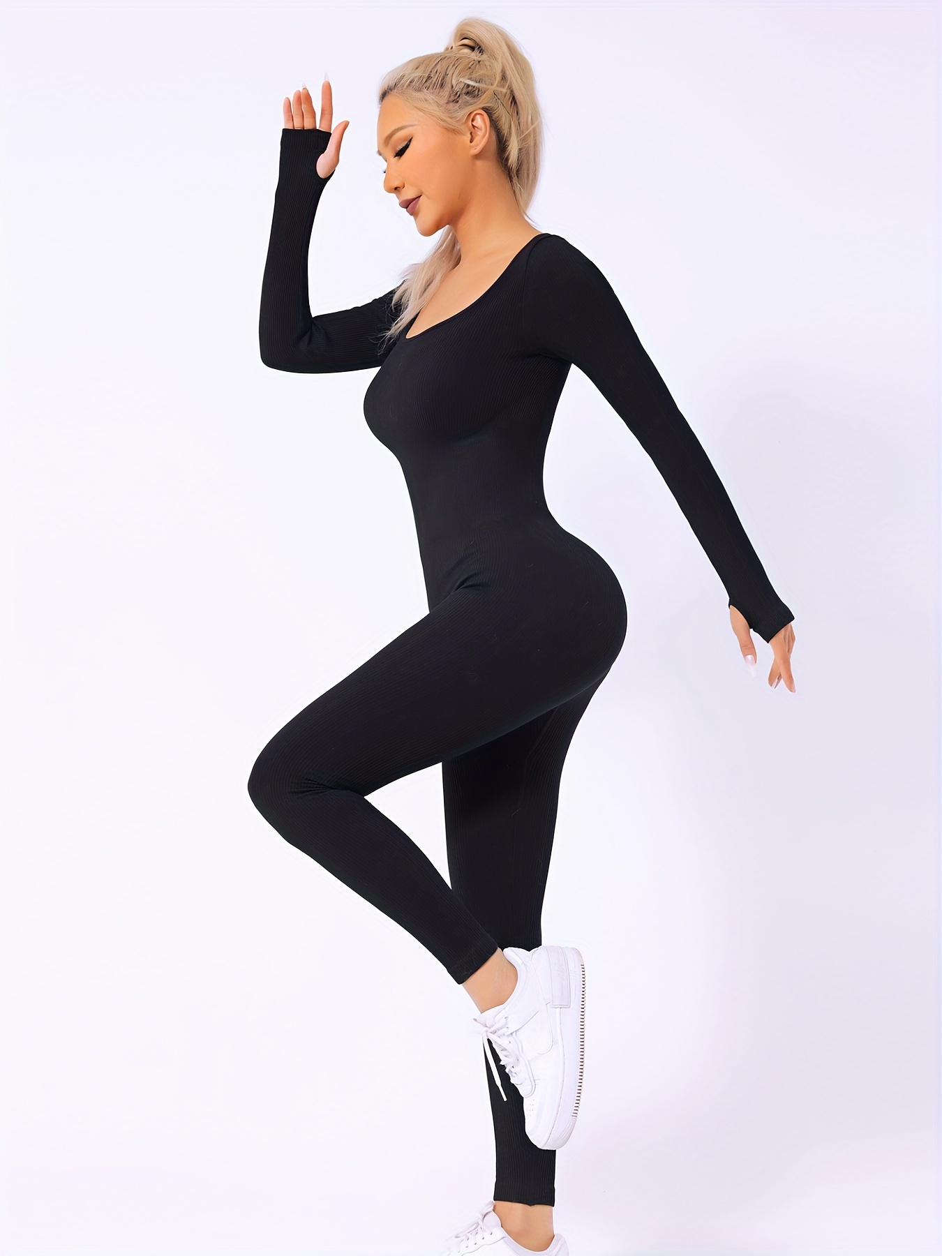 Zapaka Women Black Shapewear V-Neck Long Sleeve Buttoned Knitted Body-Shaping  Jumpsuit – ZAPAKA