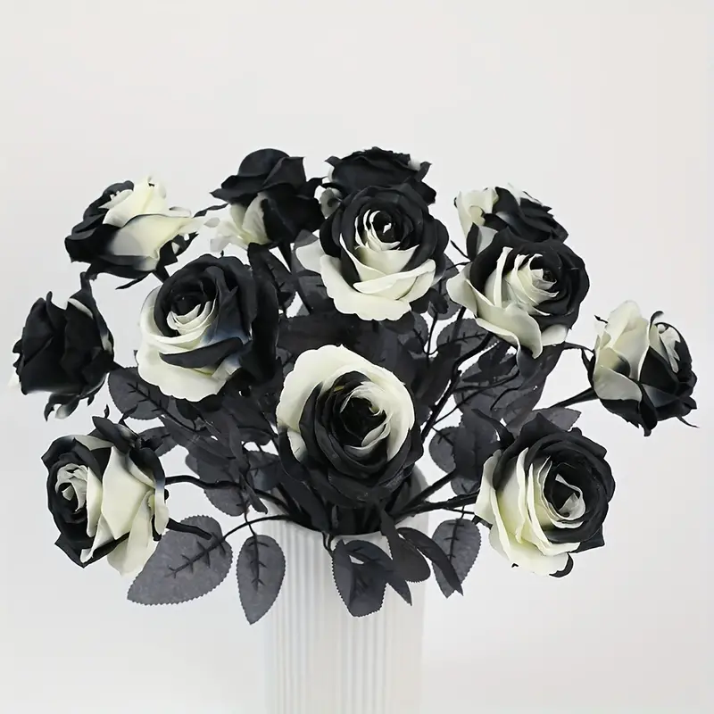 5pcs Black White Roses Artificial Flower Single Stem, Fake Silk Flowers  Bridal Wedding Bouquet, Realistic Blossom Flora For Home Garden Party  Hallowee