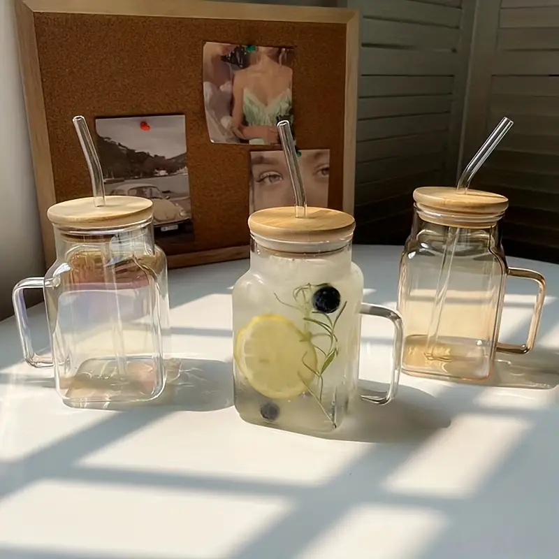 Cups With Lids And Straws, Glass Cups With Bamboo Lids, Iced