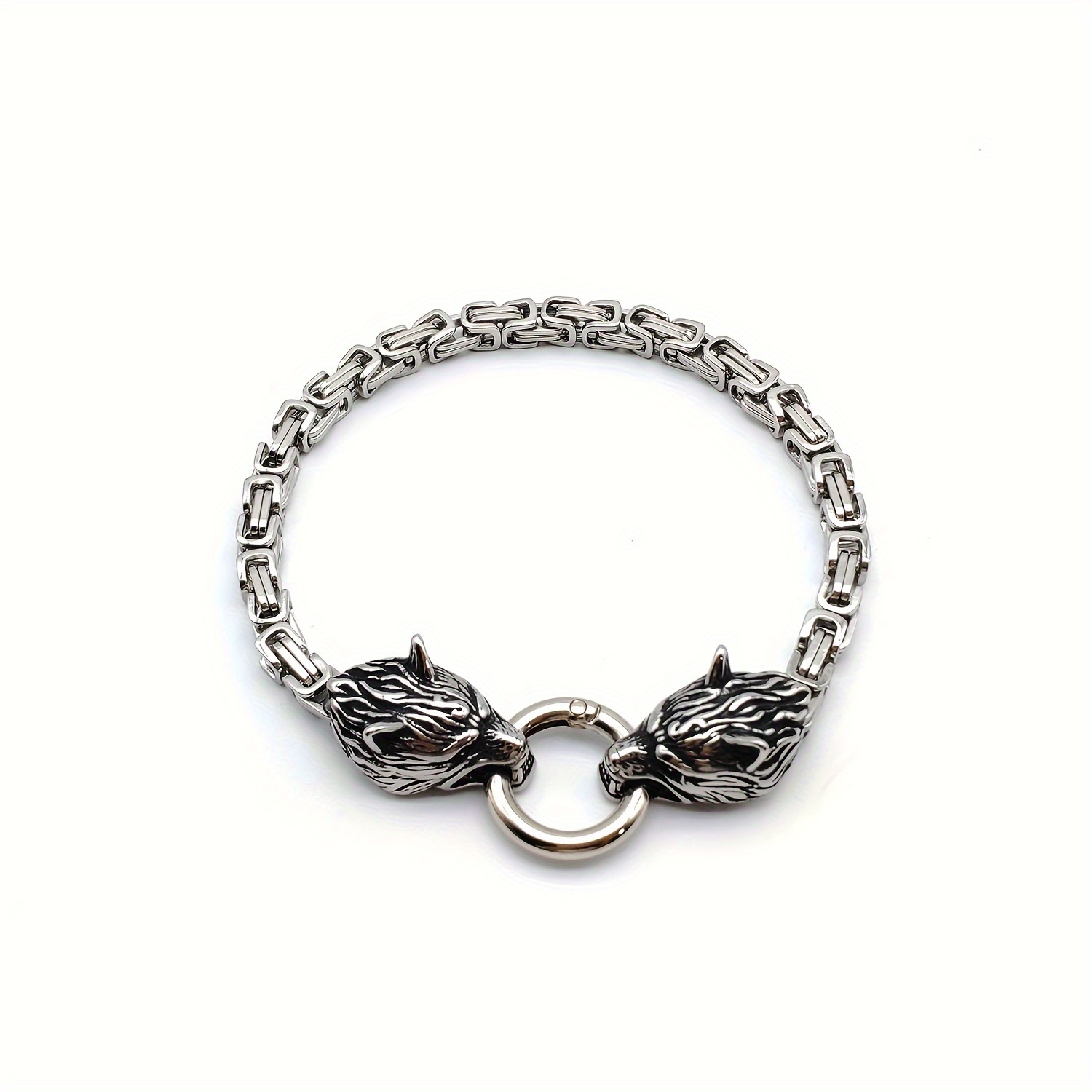 Men's Vintage Leather Bracelet – Stainless Steel Wolf Head Clasp – Black Cuff Bangle