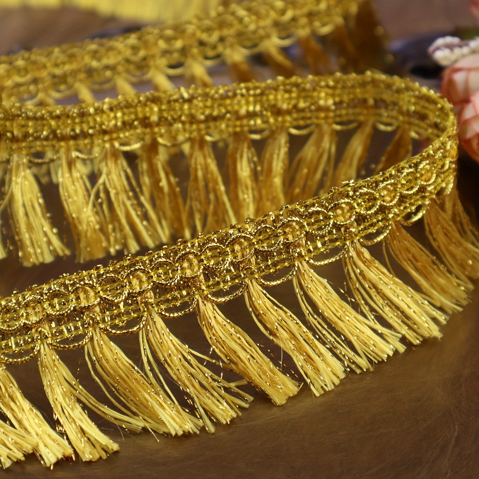 Borde de flecos dorados de 12 yardas con borla, adorno de costura para  manualidades, ropa, cortinas, decoración del hogar
