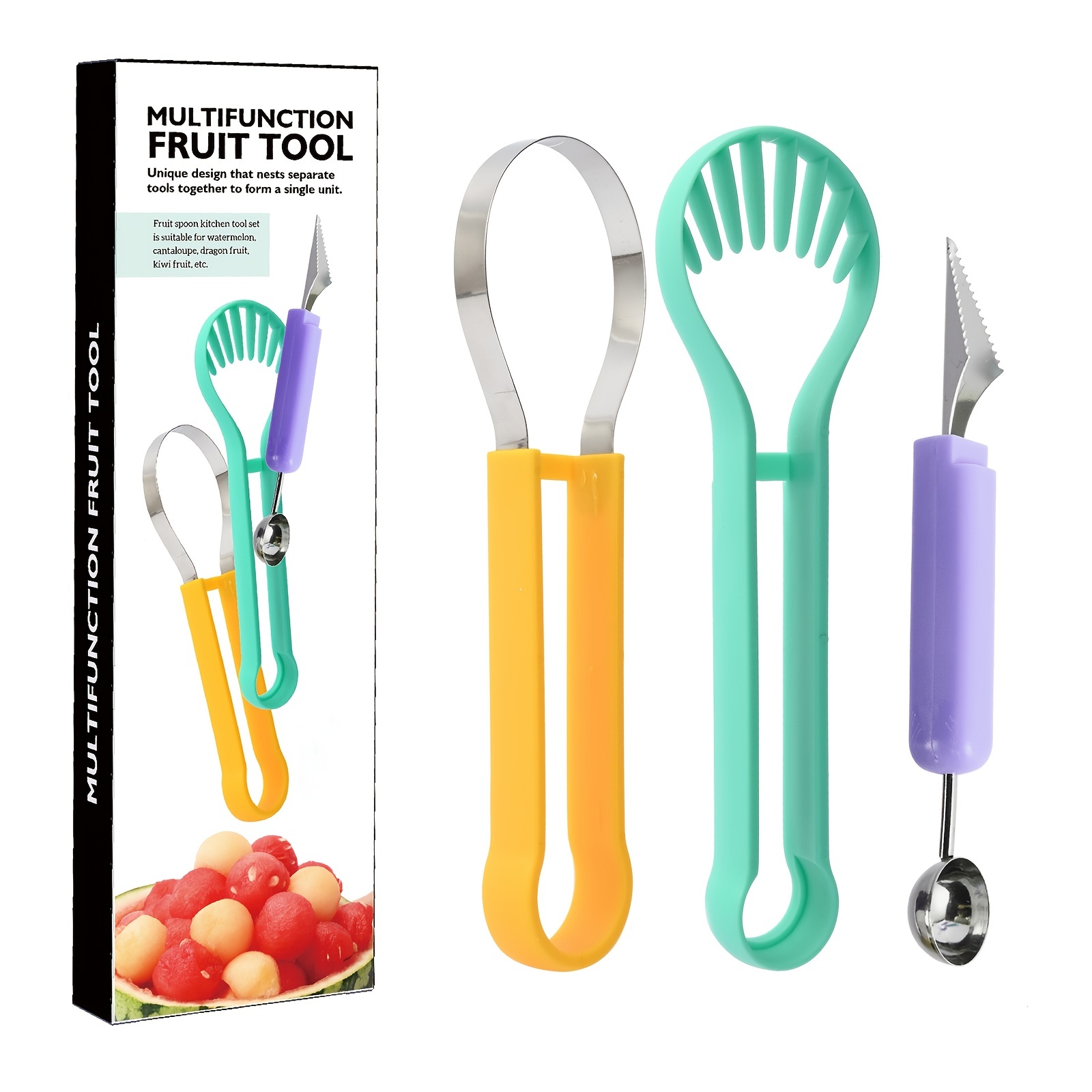 4in1 Stainless Steel Fruit Tool Set Melon Baller Scoop Watermelon Cutter  Carving