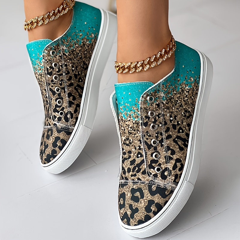 womens leopard print canvas shoes fashion low top ombre flat sneakers casual walking shoes details 4