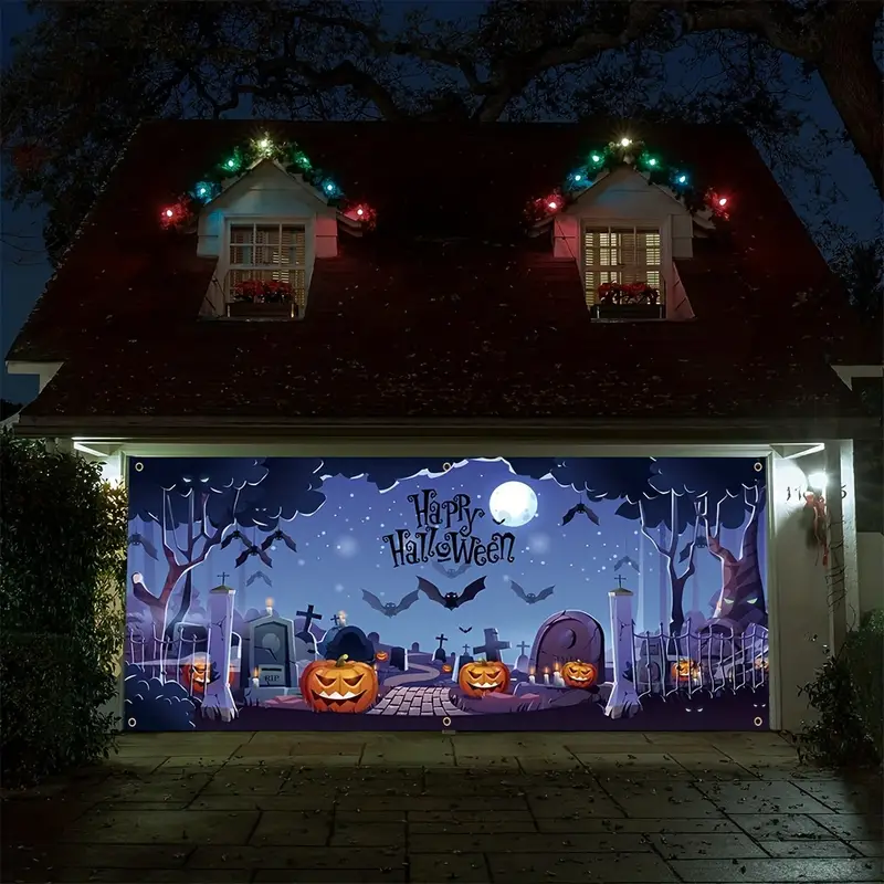 1pcs happy halloween garage banner 157in 71in 400cm 180cm scary graveyard pumpkin pattern garage door decoration polyester with holes with rope hanging cloth mural door decoration for indoor outdoor yard holiday party backdrop arrangement details 1