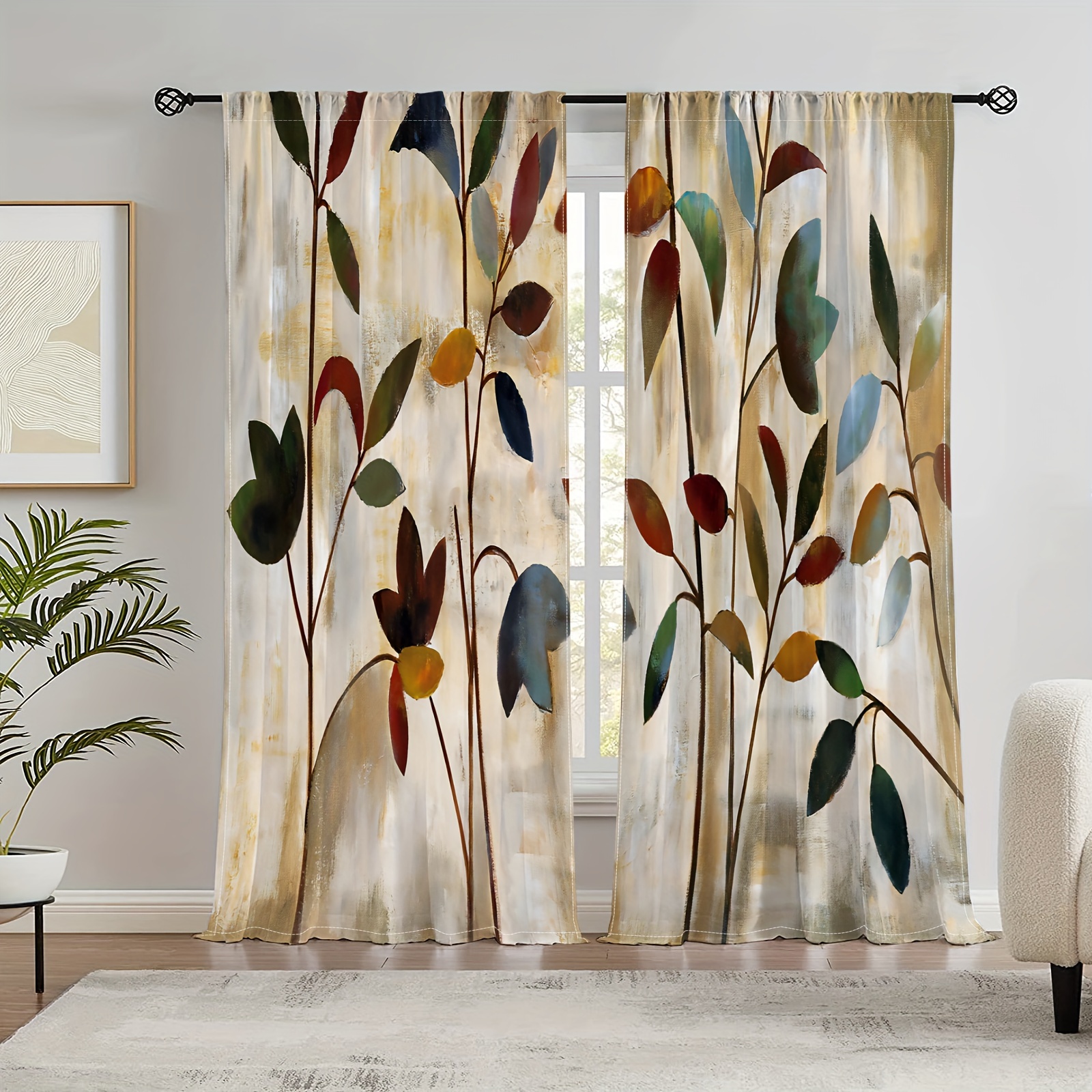 Modern Leaf Print Curtain Rod Pocket Window Treatment - Temu Austria