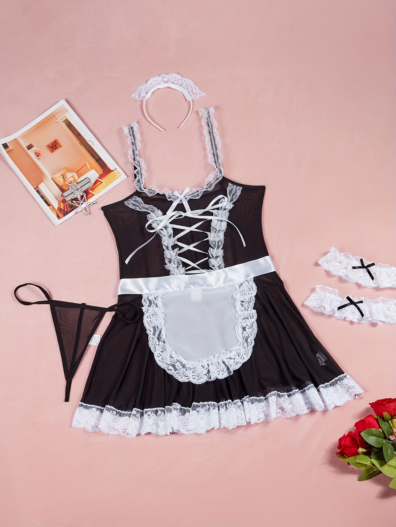 Womens Sexy Cosplay Lingerie Sexy Maid Outfit Lace Trim Mesh Babydoll  Lingerie French Maid Uniform Costume Dress 