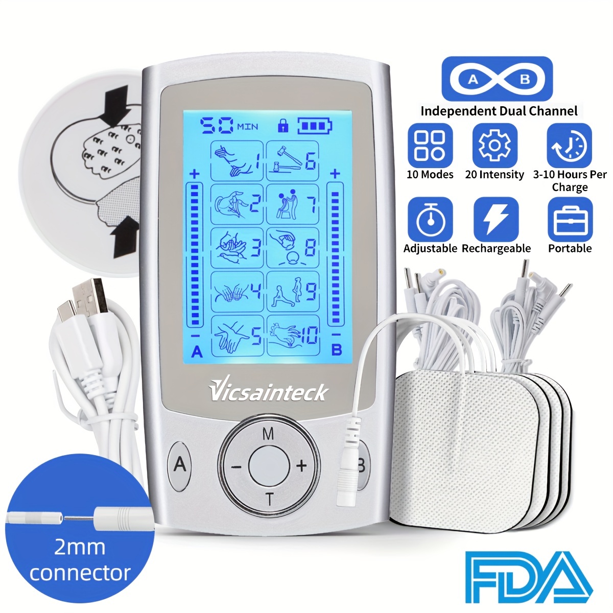 Rechargeable TENS Unit Machine - Electrical Muscle Stimulator for