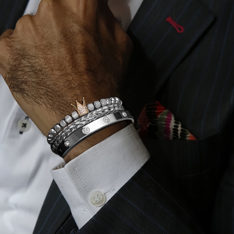 Men's Micro Pave CZ Round Beads Crown Bangle Bracelet