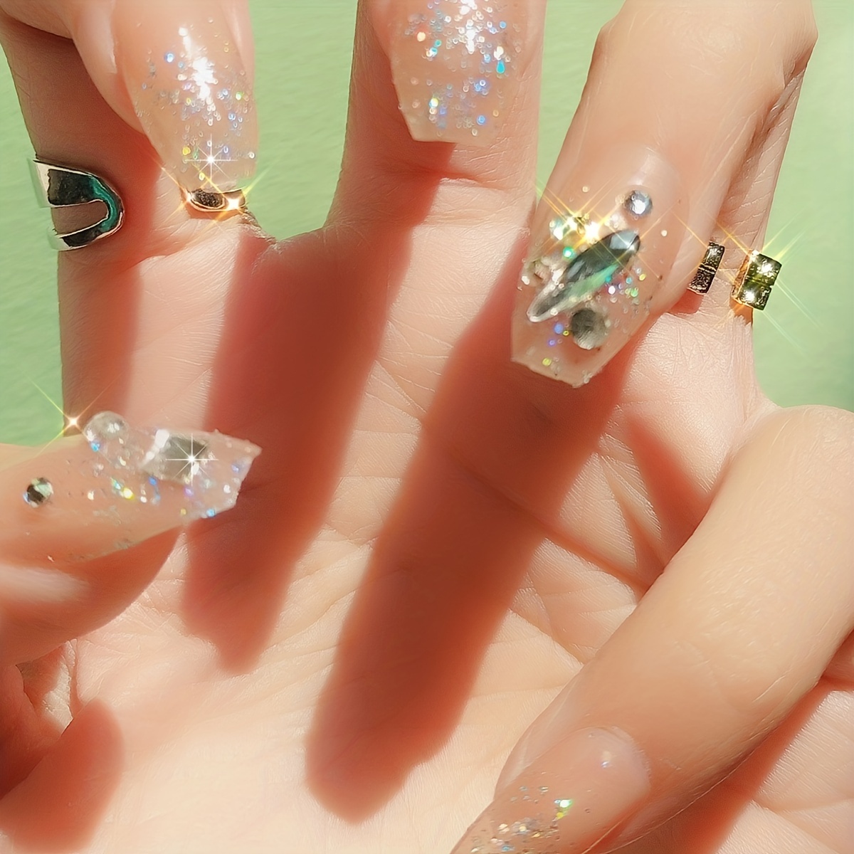 Gold Gem Press on Nails, Gems and Gold Glitter