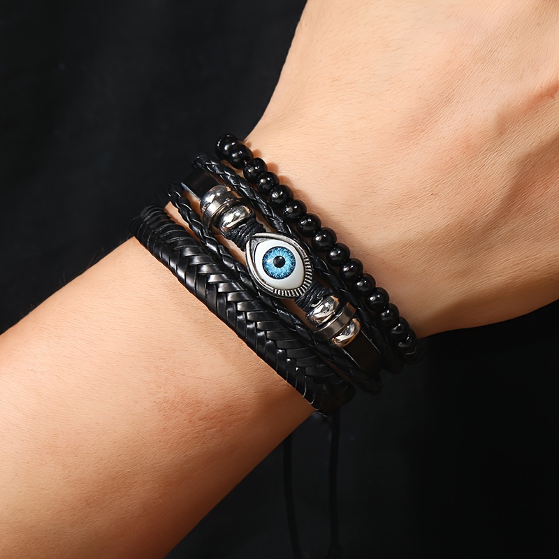 

3pcs Fashion Jewelry Simple Braided Devil's Eye Pu Leather Bracelet, Hand Accessories Set Combination Men's Bracelet