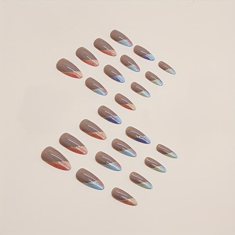 24pcs color gradient press on nails medium length almond fake nails wit golden glitter line design glossy full cover stylish false nails for women and girls details 0